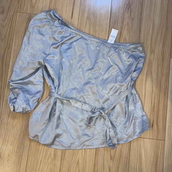 NWT Ann Taylor Silver One Shoulder Blouse with Waist Tie - Picture 2 of 2